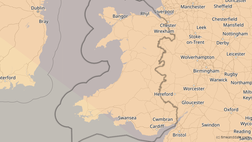A map of Wales, Großbritannien, showing the path of the 21. Jun 2039 Ringförmige Sonnenfinsternis