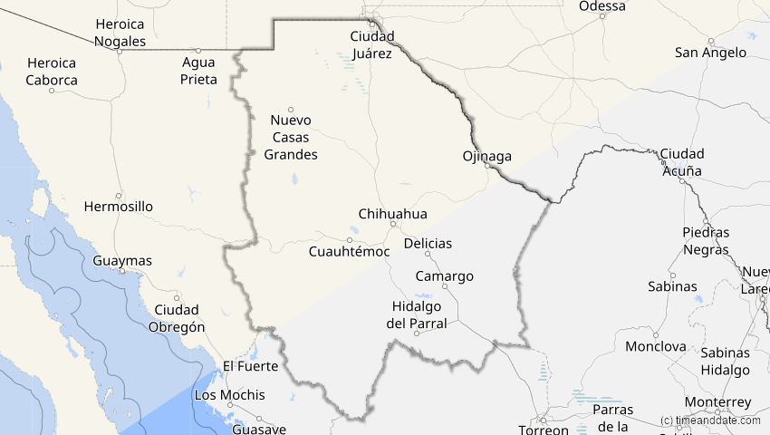 A map of Chihuahua, Mexiko, showing the path of the 21. Jun 2039 Ringförmige Sonnenfinsternis