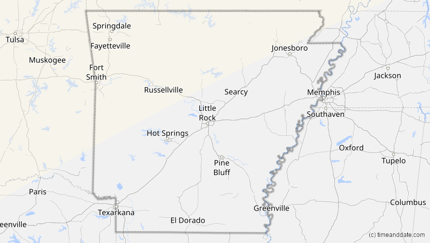 A map of Arkansas, USA, showing the path of the 21. Jun 2039 Ringförmige Sonnenfinsternis