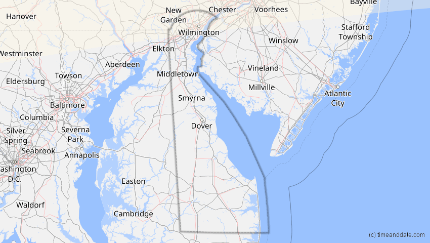 A map of Delaware, USA, showing the path of the 21. Jun 2039 Ringförmige Sonnenfinsternis
