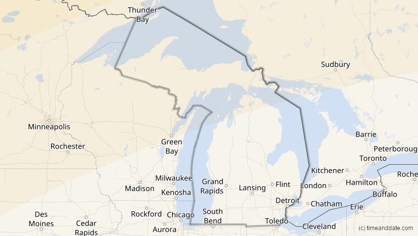 A map of Michigan, USA, showing the path of the 21. Jun 2039 Ringförmige Sonnenfinsternis