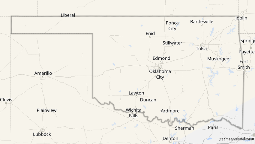 A map of Oklahoma, USA, showing the path of the 21. Jun 2039 Ringförmige Sonnenfinsternis