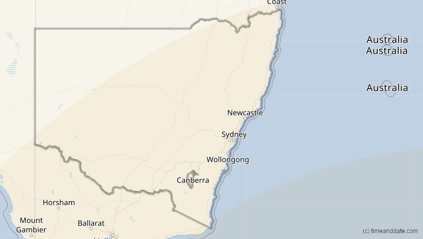 A map of New South Wales, Australien, showing the path of the 11. Mai 2040 Partielle Sonnenfinsternis