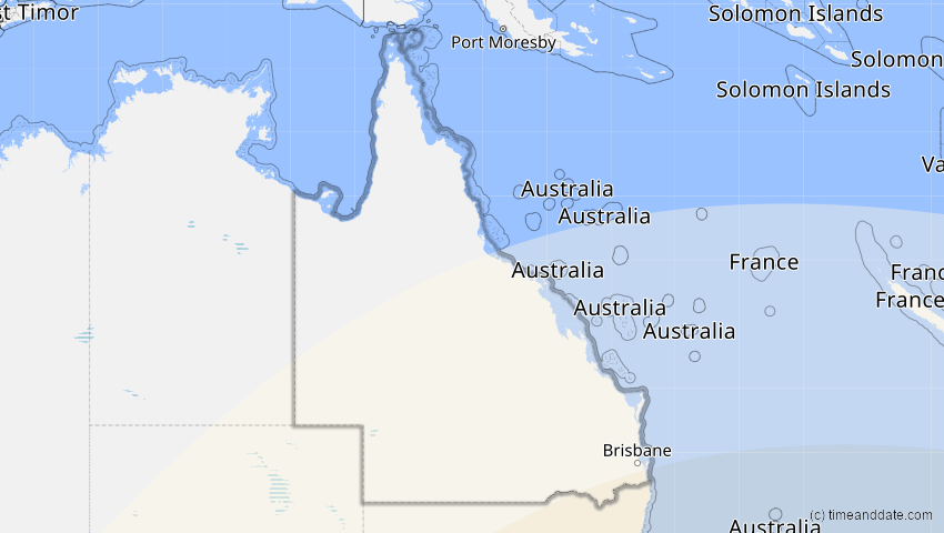 A map of Queensland, Australien, showing the path of the 11. Mai 2040 Partielle Sonnenfinsternis