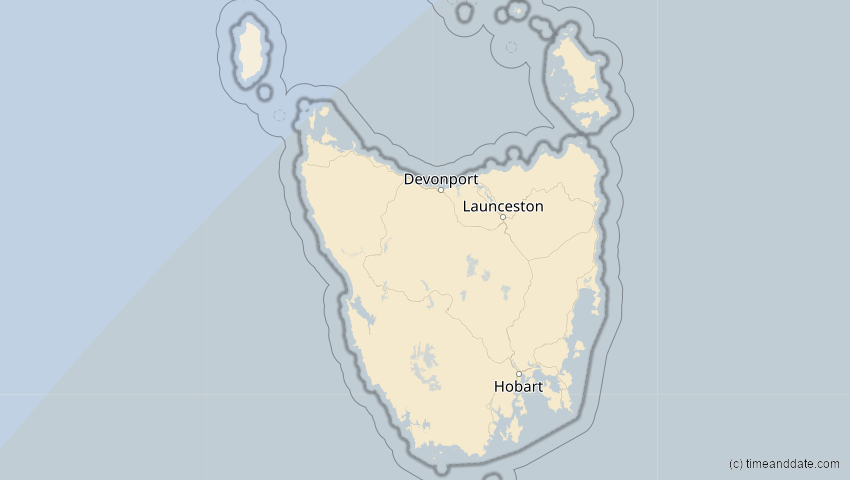 A map of Tasmanien, Australien, showing the path of the 11. Mai 2040 Partielle Sonnenfinsternis
