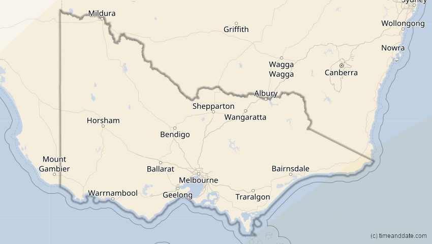 A map of Victoria, Australien, showing the path of the 11. Mai 2040 Partielle Sonnenfinsternis