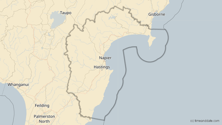 A map of Hawke's Bay, Neuseeland, showing the path of the 11. Mai 2040 Partielle Sonnenfinsternis