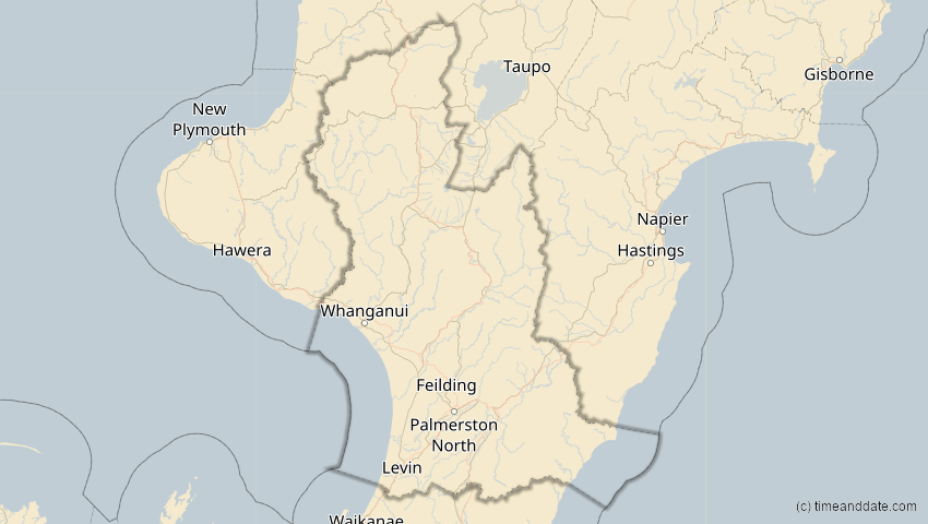 A map of Manawatu-Whanganui, Neuseeland, showing the path of the 11. Mai 2040 Partielle Sonnenfinsternis