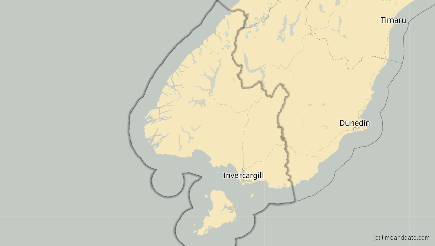 A map of Southland, Neuseeland, showing the path of the 11. Mai 2040 Partielle Sonnenfinsternis