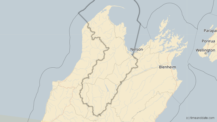 A map of Tasman, Neuseeland, showing the path of the 11. Mai 2040 Partielle Sonnenfinsternis