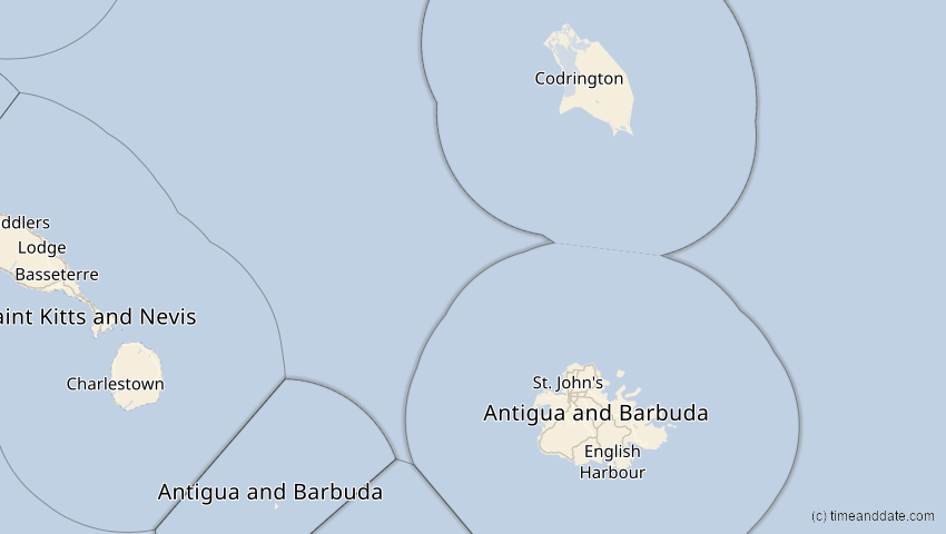 A map of Antigua und Barbuda, showing the path of the 4. Nov 2040 Partielle Sonnenfinsternis