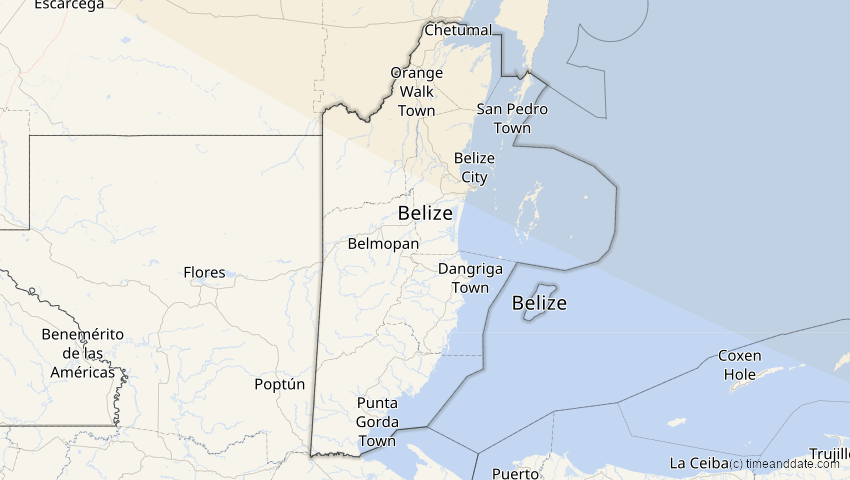 A map of Belize, showing the path of the 4. Nov 2040 Partielle Sonnenfinsternis