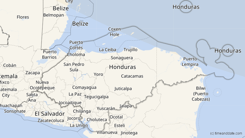 A map of Honduras, showing the path of the 4. Nov 2040 Partielle Sonnenfinsternis