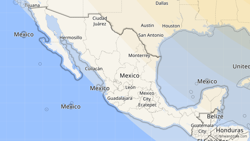 A map of Mexiko, showing the path of the 4. Nov 2040 Partielle Sonnenfinsternis