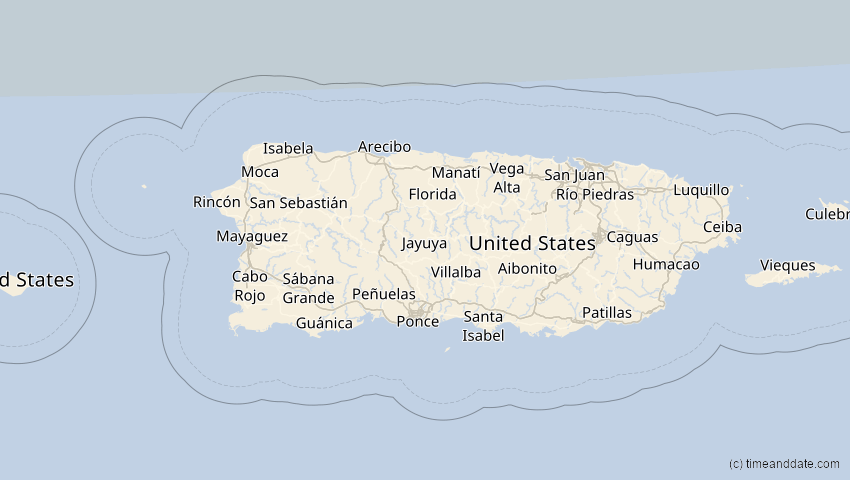 A map of Puerto Rico, showing the path of the 4. Nov 2040 Partielle Sonnenfinsternis