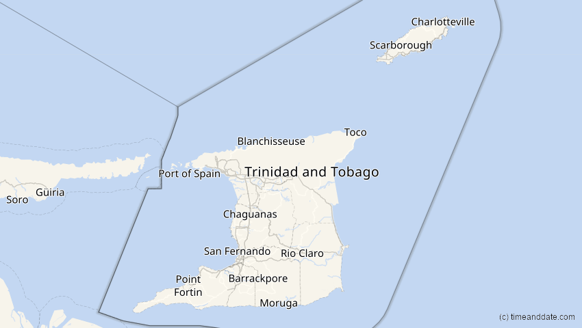 A map of Trinidad und Tobago, showing the path of the 4. Nov 2040 Partielle Sonnenfinsternis
