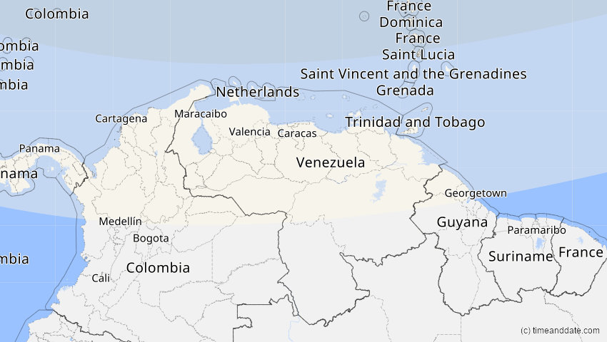 A map of Venezuela, showing the path of the 4. Nov 2040 Partielle Sonnenfinsternis