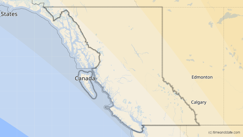 A map of British Columbia, Kanada, showing the path of the 4. Nov 2040 Partielle Sonnenfinsternis