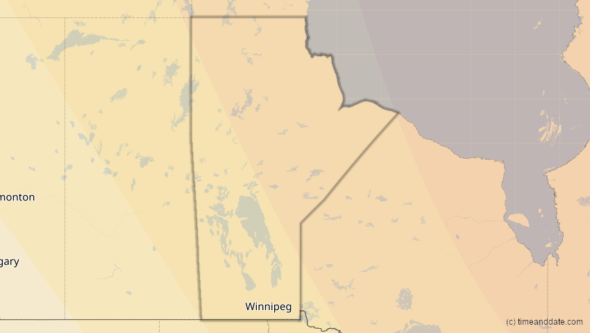 A map of Manitoba, Kanada, showing the path of the 4. Nov 2040 Partielle Sonnenfinsternis