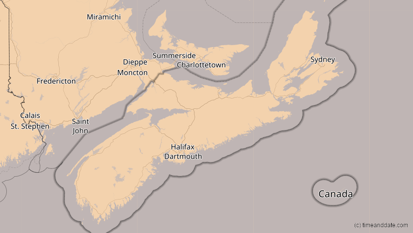 A map of Nova Scotia, Kanada, showing the path of the 4. Nov 2040 Partielle Sonnenfinsternis
