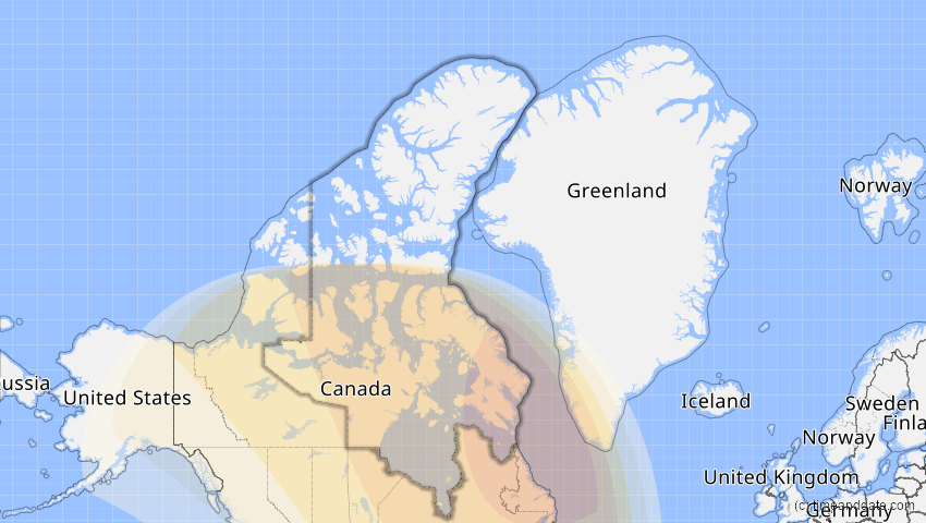 A map of Nunavut, Kanada, showing the path of the 4. Nov 2040 Partielle Sonnenfinsternis