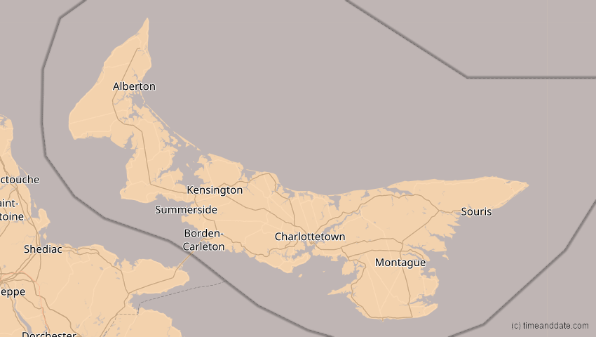 A map of Prince Edward Island, Kanada, showing the path of the 4. Nov 2040 Partielle Sonnenfinsternis