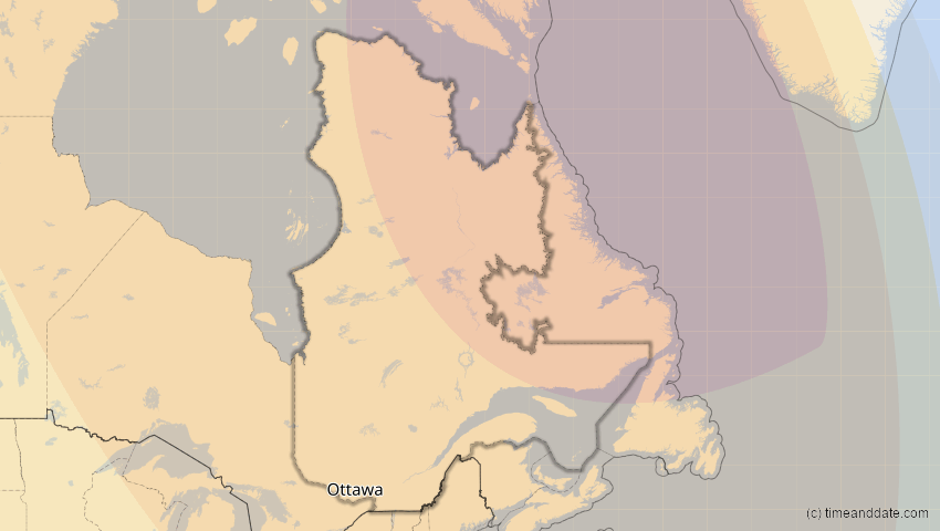 A map of Québec, Kanada, showing the path of the 4. Nov 2040 Partielle Sonnenfinsternis