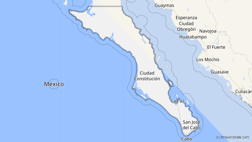 A map of Baja California Sur, Mexiko, showing the path of the 4. Nov 2040 Partielle Sonnenfinsternis