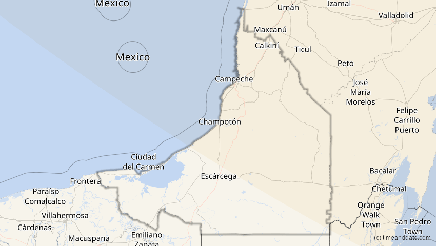 A map of Campeche, Mexiko, showing the path of the 4. Nov 2040 Partielle Sonnenfinsternis