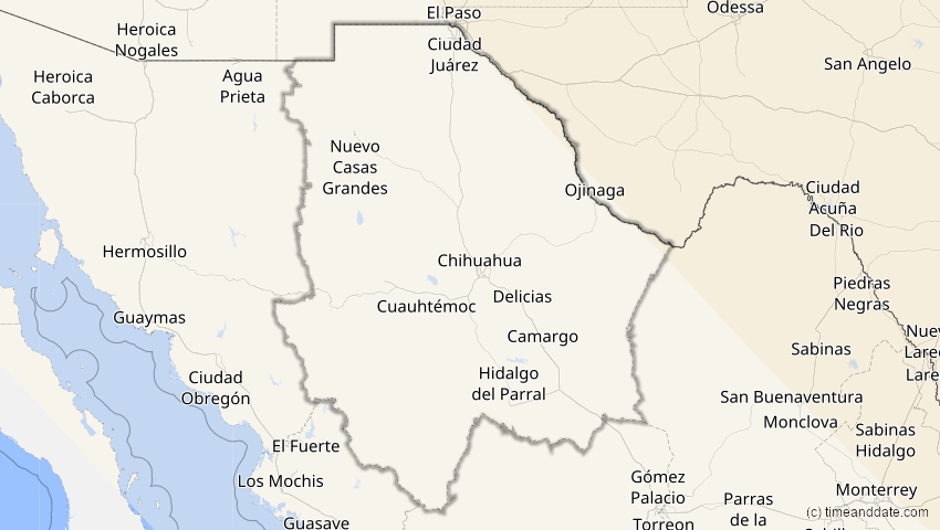 A map of Chihuahua, Mexiko, showing the path of the 4. Nov 2040 Partielle Sonnenfinsternis
