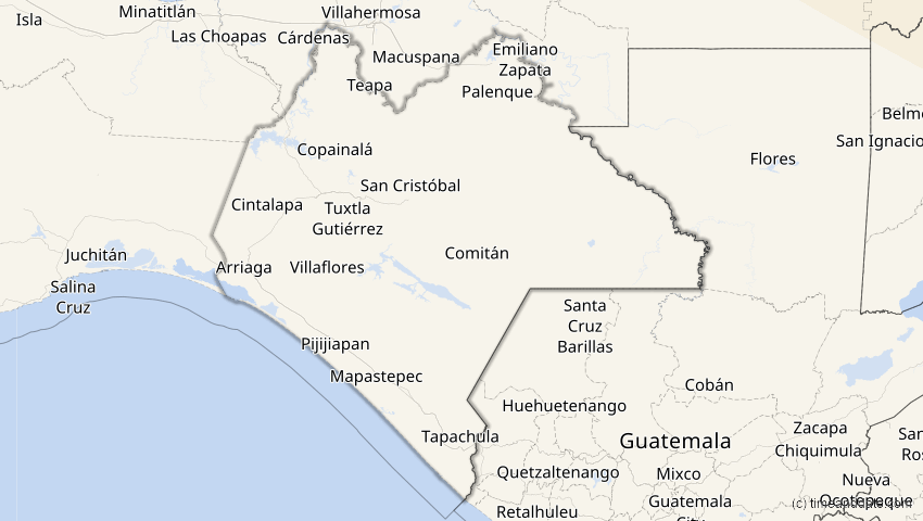 A map of Chiapas, Mexiko, showing the path of the 4. Nov 2040 Partielle Sonnenfinsternis