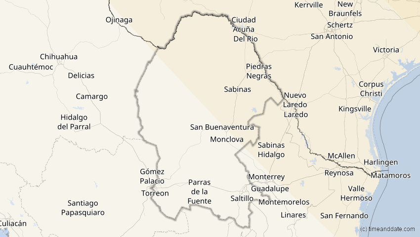 A map of Coahuila, Mexiko, showing the path of the 4. Nov 2040 Partielle Sonnenfinsternis