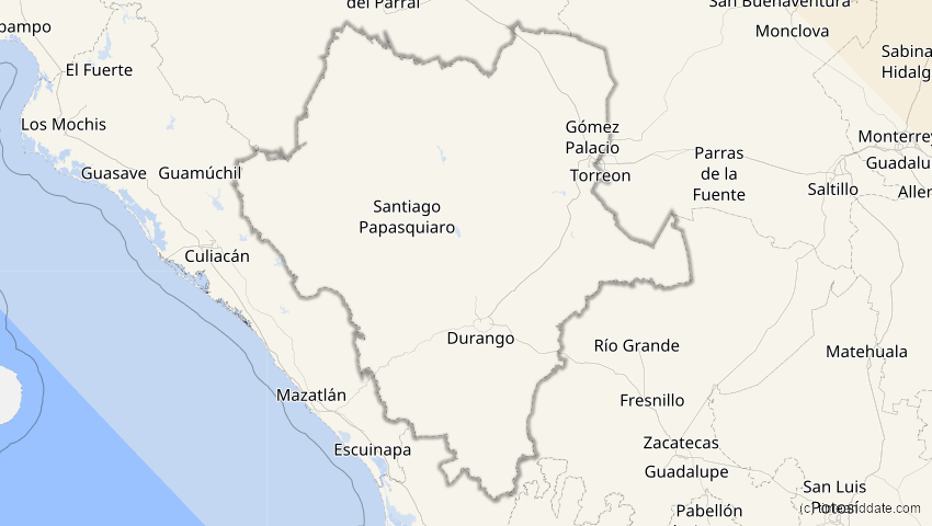 A map of Durango, Mexiko, showing the path of the 4. Nov 2040 Partielle Sonnenfinsternis