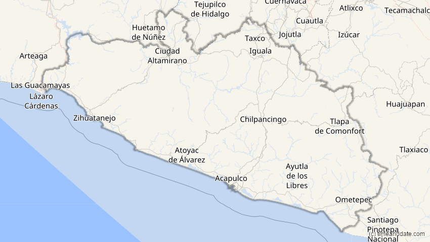 A map of Guerrero, Mexiko, showing the path of the 4. Nov 2040 Partielle Sonnenfinsternis