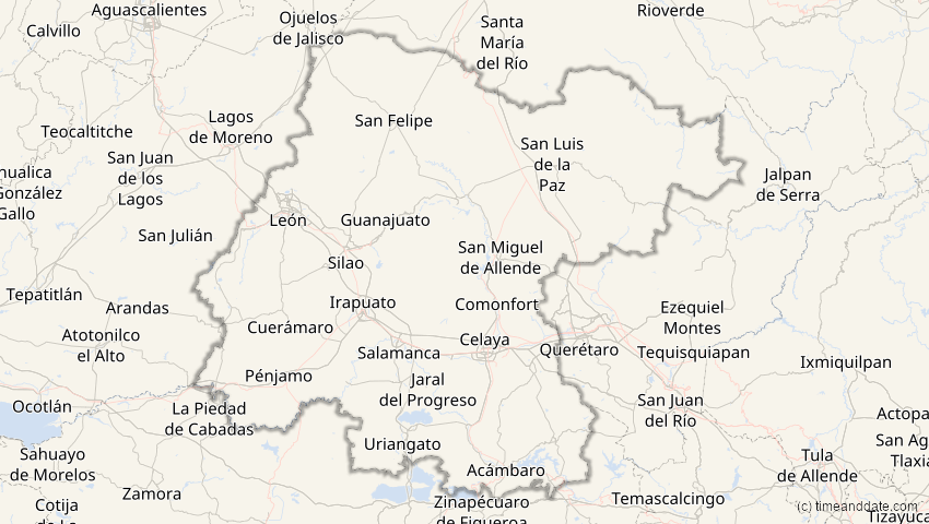 A map of Guanajuato, Mexiko, showing the path of the 4. Nov 2040 Partielle Sonnenfinsternis