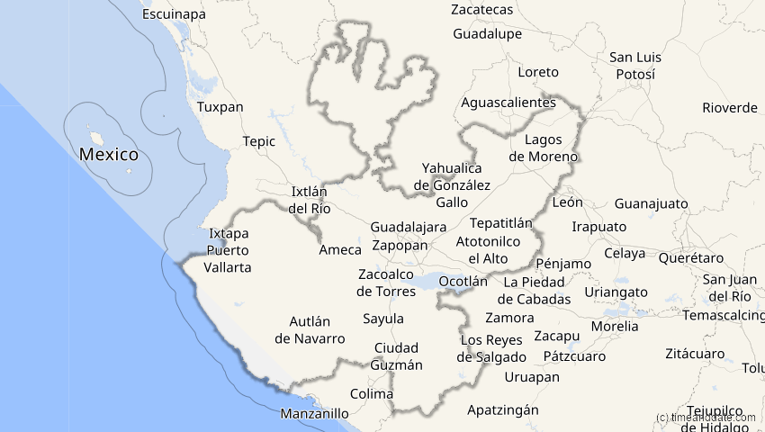 A map of Jalisco, Mexiko, showing the path of the 4. Nov 2040 Partielle Sonnenfinsternis