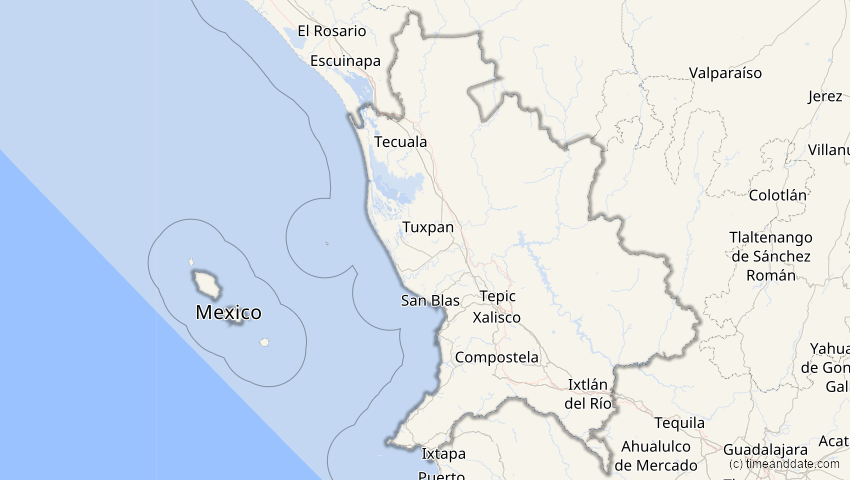 A map of Nayarit, Mexiko, showing the path of the 4. Nov 2040 Partielle Sonnenfinsternis
