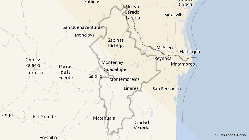 A map of Nuevo León, Mexiko, showing the path of the 4. Nov 2040 Partielle Sonnenfinsternis