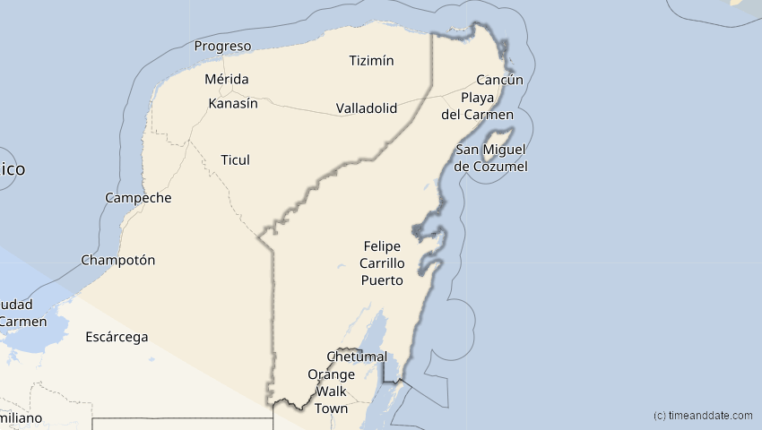 A map of Quintana Roo, Mexiko, showing the path of the 4. Nov 2040 Partielle Sonnenfinsternis