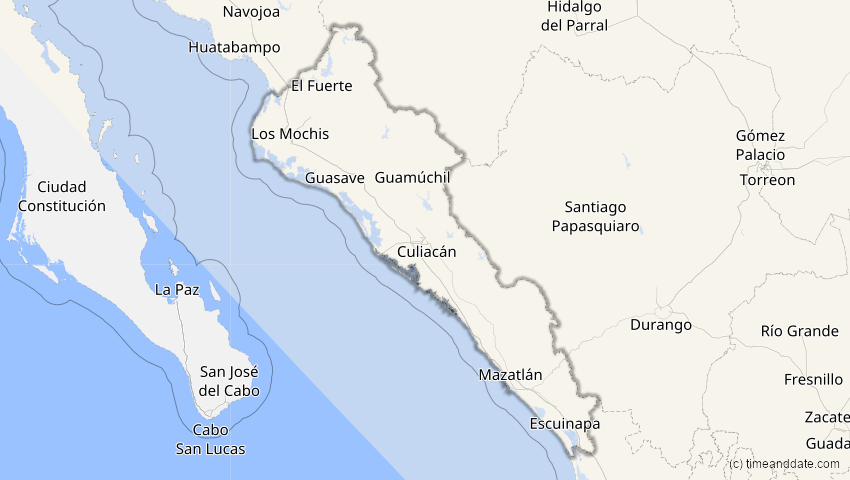 A map of Sinaloa, Mexiko, showing the path of the 4. Nov 2040 Partielle Sonnenfinsternis
