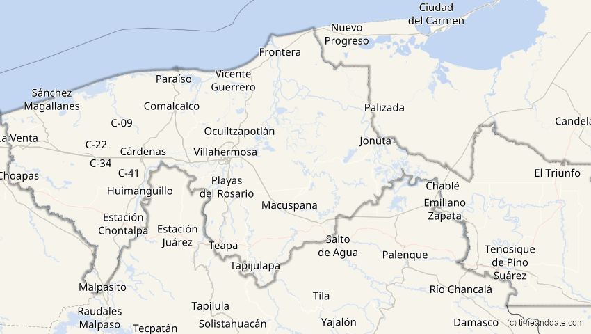 A map of Tabasco, Mexiko, showing the path of the 4. Nov 2040 Partielle Sonnenfinsternis