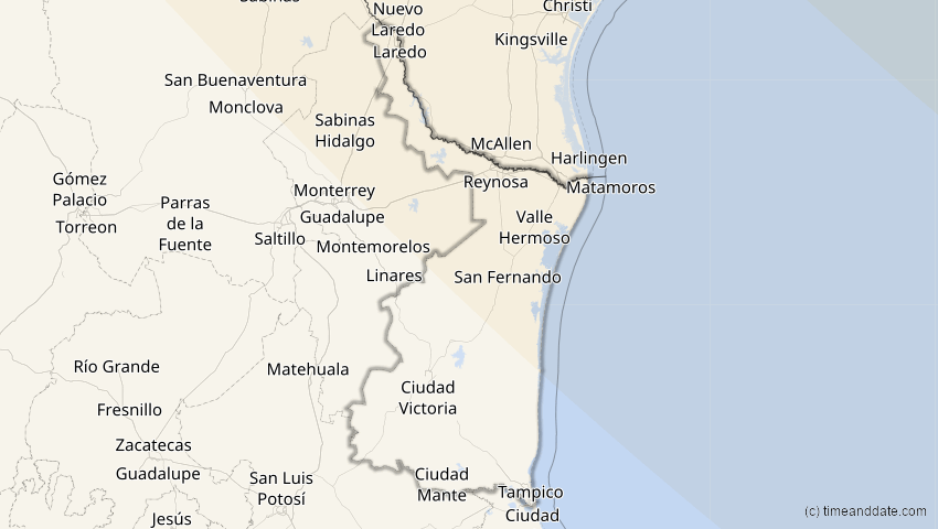 A map of Tamaulipas, Mexiko, showing the path of the 4. Nov 2040 Partielle Sonnenfinsternis