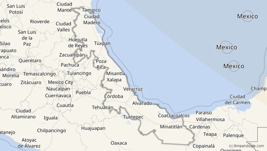 A map of Veracruz, Mexiko, showing the path of the 4. Nov 2040 Partielle Sonnenfinsternis