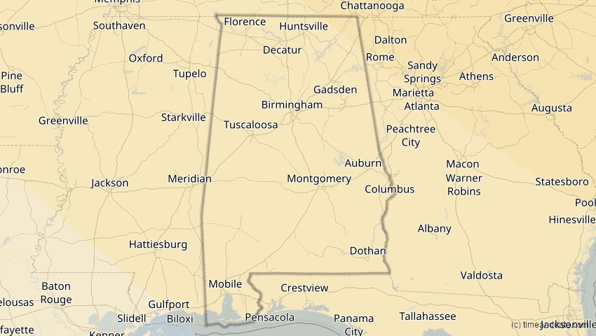 A map of Alabama, USA, showing the path of the 4. Nov 2040 Partielle Sonnenfinsternis