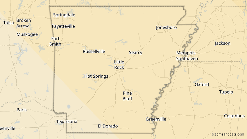 A map of Arkansas, USA, showing the path of the 4. Nov 2040 Partielle Sonnenfinsternis