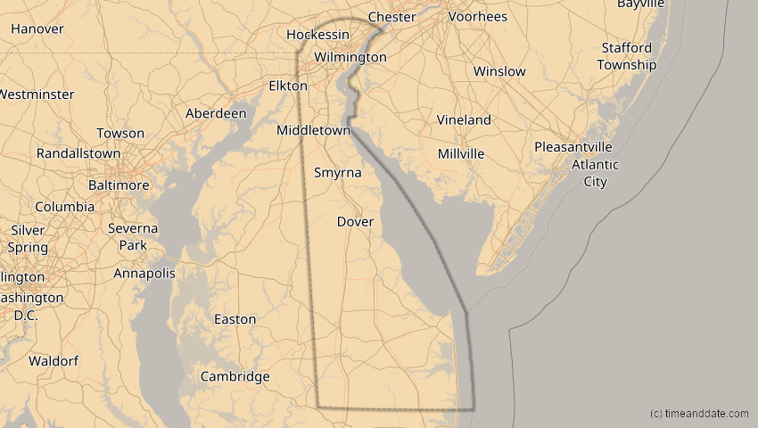 A map of Delaware, USA, showing the path of the 4. Nov 2040 Partielle Sonnenfinsternis