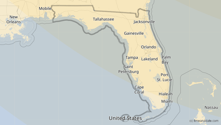 A map of Florida, USA, showing the path of the 4. Nov 2040 Partielle Sonnenfinsternis