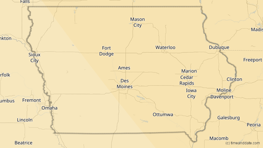 A map of Iowa, USA, showing the path of the 4. Nov 2040 Partielle Sonnenfinsternis