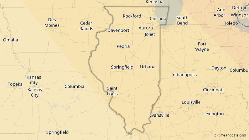 A map of Illinois, USA, showing the path of the 4. Nov 2040 Partielle Sonnenfinsternis