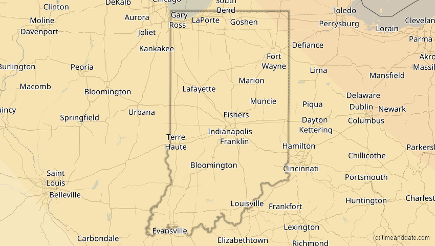 A map of Indiana, USA, showing the path of the 4. Nov 2040 Partielle Sonnenfinsternis